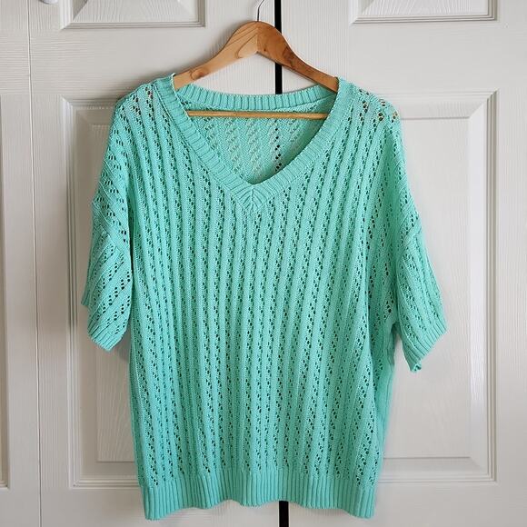 Women's Seafoam Green Open Knit Short Sleeve Sweater Size XXL Lightweight V-neck - Picture 1 of 8